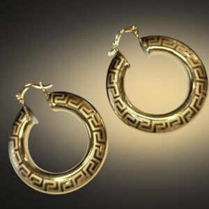 New 18k Gold Plated Luxury Chunky Greek Key 1.5" Hoop Earrings